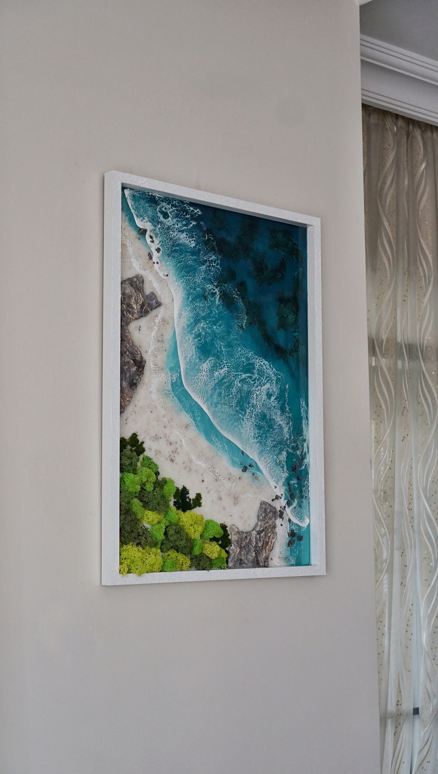 Large ocean themed resin wall art, 3D realistic epoxy wave, Ocean scenery artwork, Coastal ...