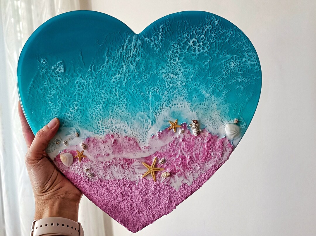 レジンアート(Pink Ocean・Frame type・690×290) Heart Shaped Resin Art, Pink Ocean Shore, Nautical Kids Room Decor