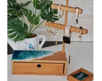 Ocean themed wooden jewelry storage organizer stand, Holiday gift for her, Accessories display holder for ring necklace bracelet