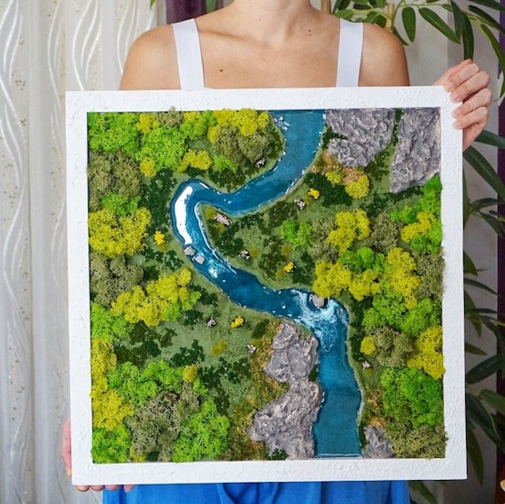 Riverside epoxy resin painting moss wall art, Garden on the wall