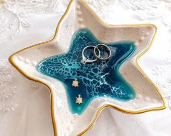 Glow in dark Resin Ocean wave star shape ceramic ring dish, Unique handmade engagement gift Sea turtle ornament trinket jewelry holder