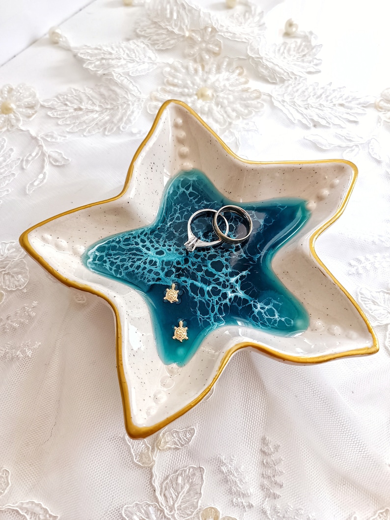 Glow in dark Resin Ocean wave star shape ceramic ring dish, Unique handmade engagement gift Sea turtle ornament trinket jewelry holder image 1