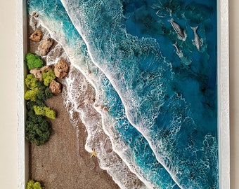 3D Ocean Wave Resin Painting, Dolphin Family, Seaside Epoxy Wall