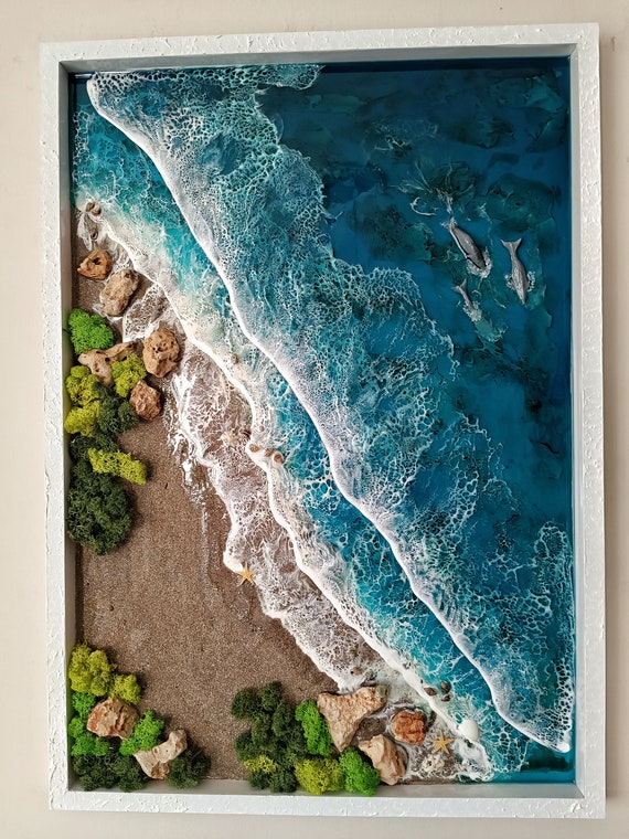 3D Ocean Wave Decor Dolphin Family Resin Painting, Seaside Epoxy