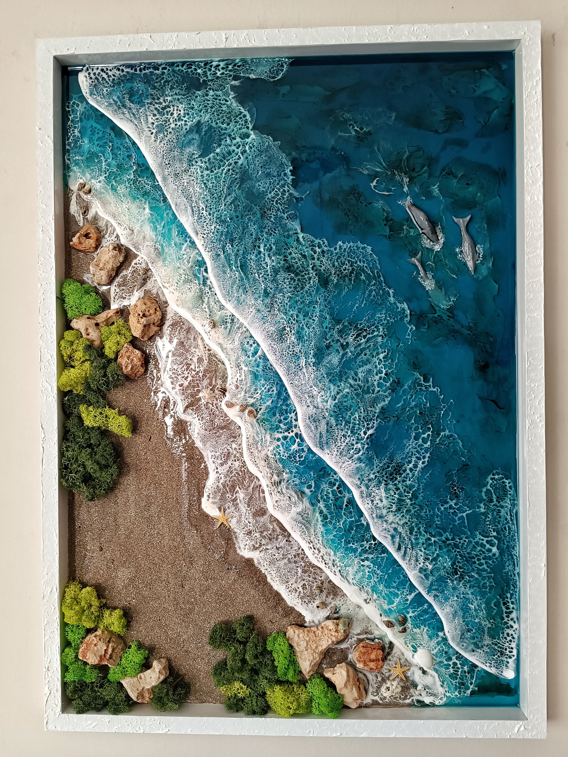 【波紋アート】Real Ocean／立体オブジェ／30cmプリズム×6cm 3D Ocean Wave Decor Dolphin Family Resin Painting, Seaside Epoxy