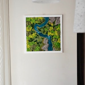 Puede incluir: Una pieza de arte de musgo enmarcada que representa un bosque verde con un r&iacute;o azul serpenteando a trav&eacute;s de &eacute;l.