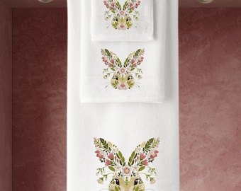 Embroidered Bunny Towels: Whimsical Floral Design, Personalised Luxury Cotton