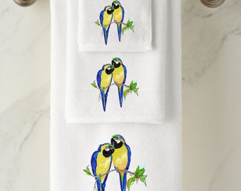 Embroidered Towels, Personalised Towels, Macaw Bird, Parrot, Wedding, Engagement, Birthday gift .  Luxury Towel Range for all occassions