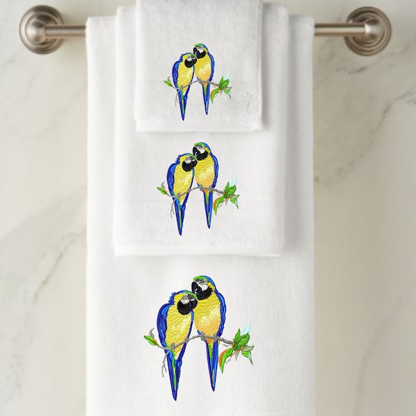 Embroidered Towels, Personalised Towels, Macaw Bird, Parrot, Wedding, Engagement, Birthday gift .  Luxury Towel Range for all occassions