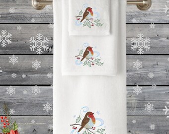 Embroidered Christmas Towel, Robin Bird, Luxury Cotton, Personalized