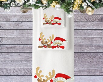 Personalized Christmas Towel: Embroidered Santa & Rudolph, Luxury Cotton