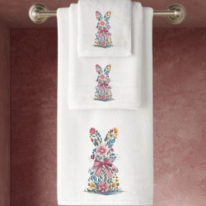 Embroidered Towel, Floral Bunny Design, Personalized Cotton Towel