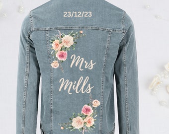 Bride Denim Jacket, Wedding / Bridal Denim Jacket, Custom Made, DTF Printed Denim.  Great for photographs.