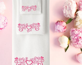 Personalized Embroidered Towel Set, Heart Design, 100% Cotton