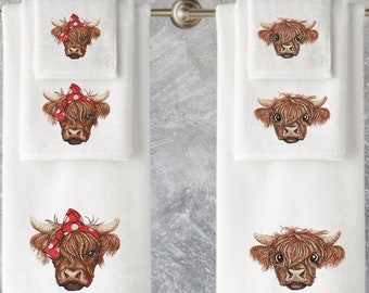 Toallas bordadas con diseño de vaca de las Tierras Altas: Juego de toallas de algodón de lujo personalizado
