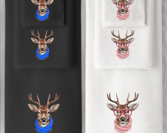 Embroidered Deer Towels, Personalized Luxury Cotton Towel Set