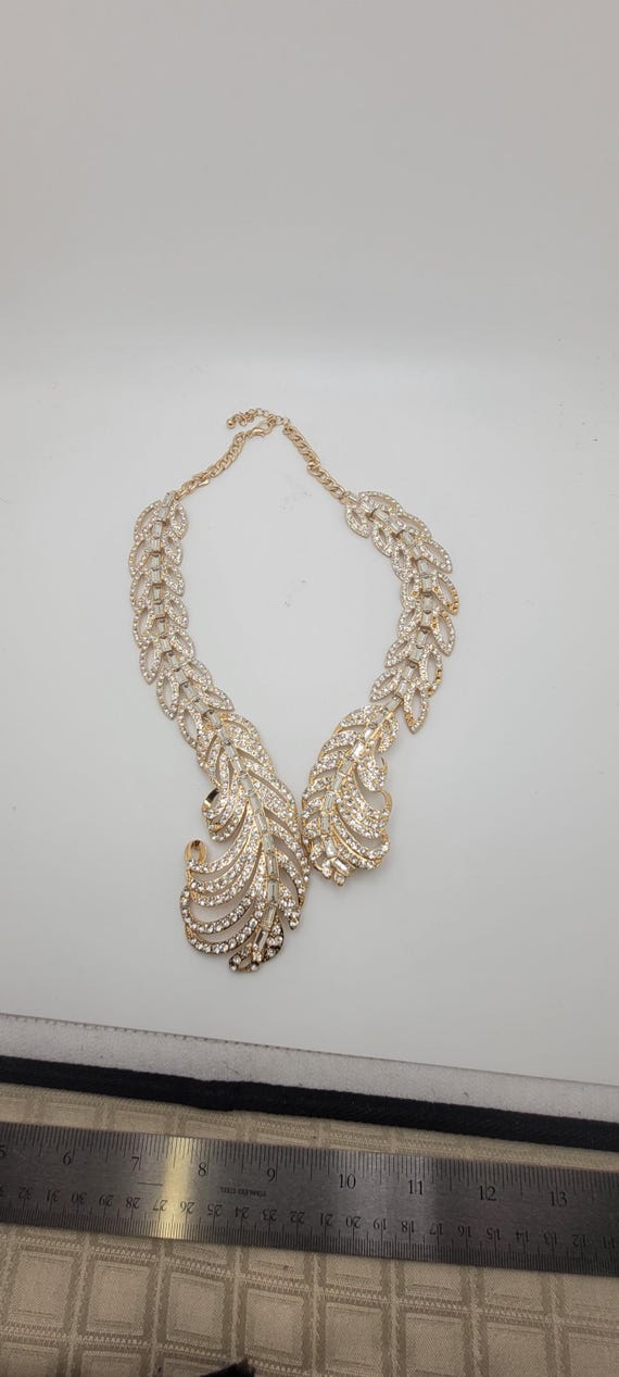 Rhinestone Feather Statement Necklace: Rose Gold-… - image 3