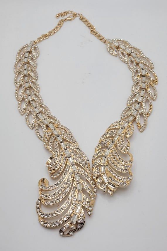Rhinestone Feather Statement Necklace: Rose Gold-… - image 1