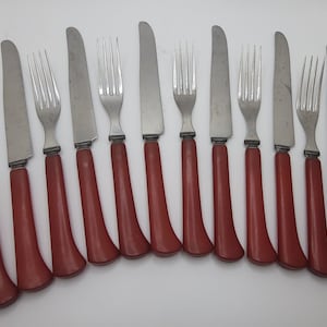 1930s, Art Deco, Royal Brand, Sharp Cutter Stainless Steel Knife and Fork set with Cherry Red J Hook Bakelite Handles