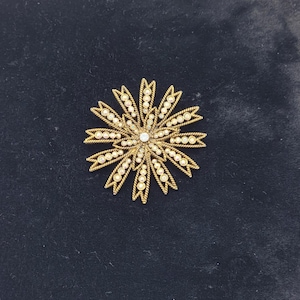 May include: A gold-toned brooch in the shape of a flower with a central rhinestone and smaller rhinestones around the edges.