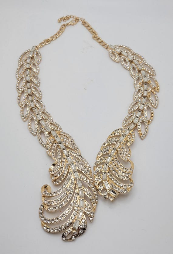 Rhinestone Feather Statement Necklace: Rose Gold-… - image 2
