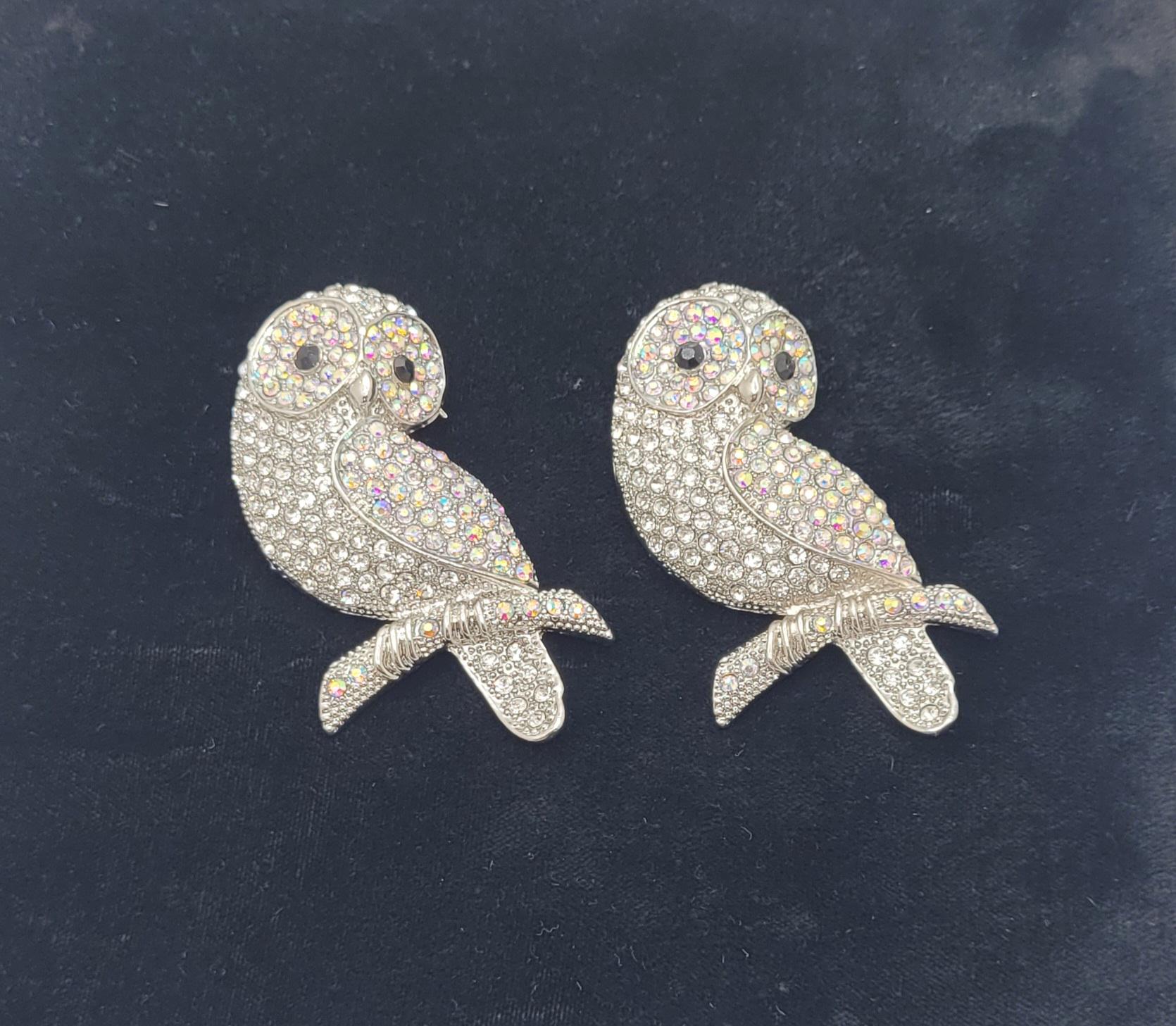 Matched pair, huge Owls standing on a branch, with clear and aurora borealis rhinestones and a Ruby 
