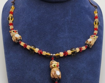 手作りガラスのフクロウのネックレスとイヤリングのセット