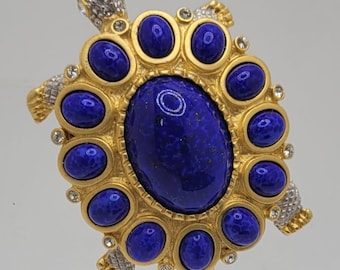 Kenneth Jay Lane tortoise with art glass lapis lazuli cabochons and Swarovski crystal rhinestones.