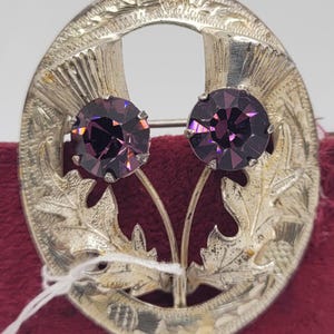 May include: Silver brooch with two purple stones set in the center of a thistle design.
