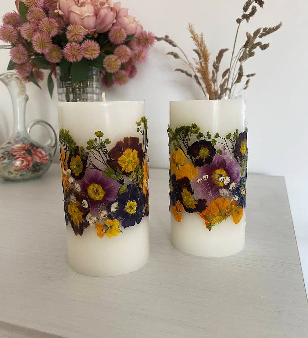 Decorative Candle Real Dry Flower Candle Botanical Candle Etsy