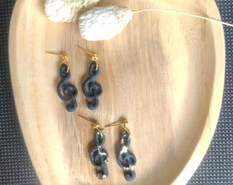 G Clef, Music Key, Music Clef, Clef earrings, Gold and black, pendants, music, clay, cute earrings, earring, black, gold, unique, gift