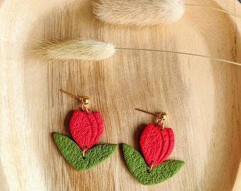 Tulip earrings, pendants, clay, cute earrings, earring, earrings, tulip, tulips, red, green, pendants, gift, original, flower, flowers, leaf