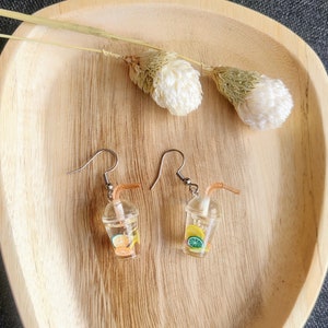 Handmade Resin Fruit Drink Earrings: Lemon Cocktail Jewelry