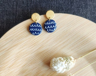 Blue gold earrings, pendants, clay, cute earrings, earring, earrings, blue, gold, white, wave, gift, original, unique, handmade, cute