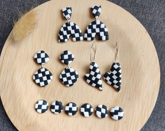 Handmade Black and White Checkered Polymer Clay Earrings
