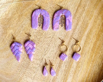 Gold, pink, purple earrings, pendants, polymerclay, clay, cute earrings, earring, pink, gold, golden, unique, gift, original, purple, glossy