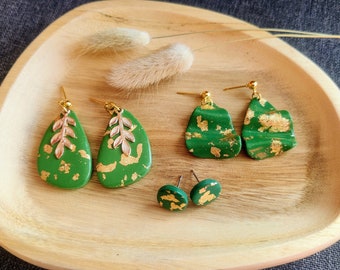 Green gold earrings, pendants, clay, cute earrings, earring, earrings, leaf, green, gold, goldfakes, studs, gift, original, unique