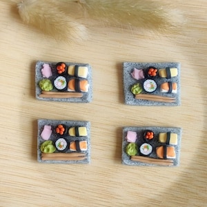 Sushi magnet, platter, clay, cute, unique, gift, original, sushi, maki, japan, food, black, magnet, ikura, tamago, ebi, sushi plate