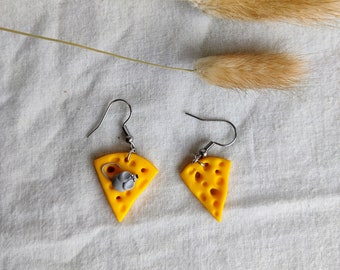 Mouse earrings, pendants, polymerclay, clay, cute earrings, earring, mouse, mice, cheese, yellow, grey, original, unique, gift