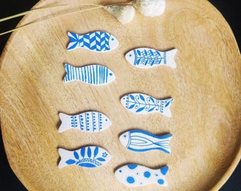 Portugese fishes, Portugal, magnet, polymerclay, clay, cute magnets, white, blue, magnets, fish, fishes, fish tile, Portugese, Morocco