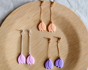 Flower earrings, pendants, polymerclay, clay, cute earrings, earring, tulip, tulips, pastel, pastels, orange, pink, purple, flowers