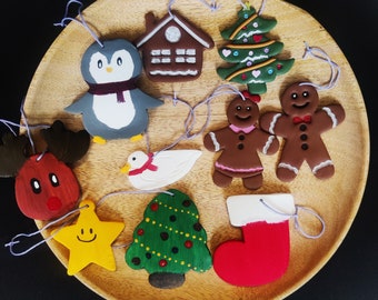 Christmas tree ornaments, Christmas ornaments, clay, christmas, ornaments, gift, tree, rudolf, star, penguin, duck, sock, gingerbread