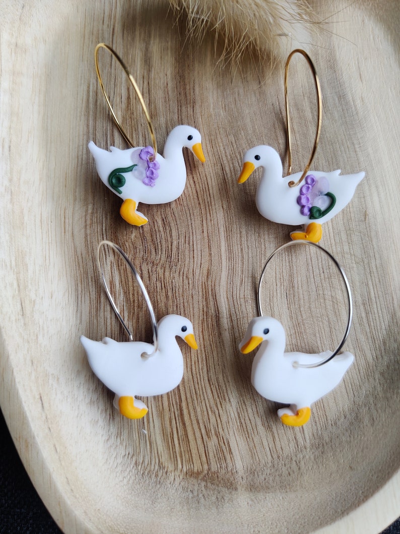 Eenden oorbellen, ringen, hangers, klei, draagbare oorbellen, oorbel, eend, eenden, gans, ganzen, dier, vogel, bloem, eendjes, eendje, wit zdjęcie 2