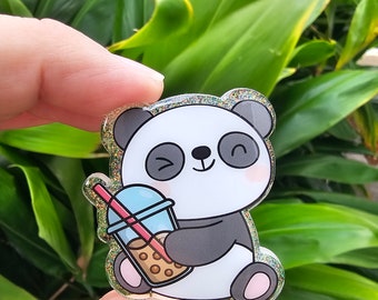 Panda boba badge reel, Drinking bear badge holder, Panda milk tea ID tag holder, Black and white bear boba drink name tag clip gift for kids