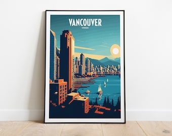May include: A vintage-style travel poster featuring a cityscape of Vancouver, Canada. The poster has a blue background with a skyline of buildings, a body of water, and a sun in the sky. The text "Vancouver, Canada" is at the top of the poster.
