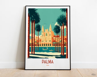 May include: A colourful illustration of Palma de Mallorca, Spain, featuring a large cathedral with palm trees in the foreground and the text "PALMA SPAIN" at the bottom.