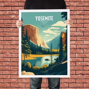 May include: A vintage-style poster with a blue, green, and yellow color scheme depicting a scenic view of Yosemite National Park. The poster features a large rock formation, a lake, and trees. The text "Yosemite National Park" is printed in white at the top of the poster.