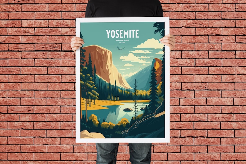 May include: A vintage-style poster with a blue, green, and yellow color scheme depicting a scenic view of Yosemite National Park. The poster features a large rock formation, a lake, and trees. The text "Yosemite National Park" is printed in white at the top of the poster.