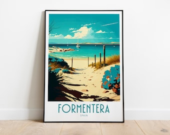 May include: A colourful illustration of a beach scene with a path leading to the water. The text "FORMENTERA SPAIN" is at the bottom of the image.