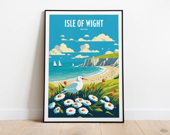 May include: A colorful illustration of a beach scene with a white seagull in the foreground. The text "ISLE OF WIGHT ENGLAND" is at the top of the image.